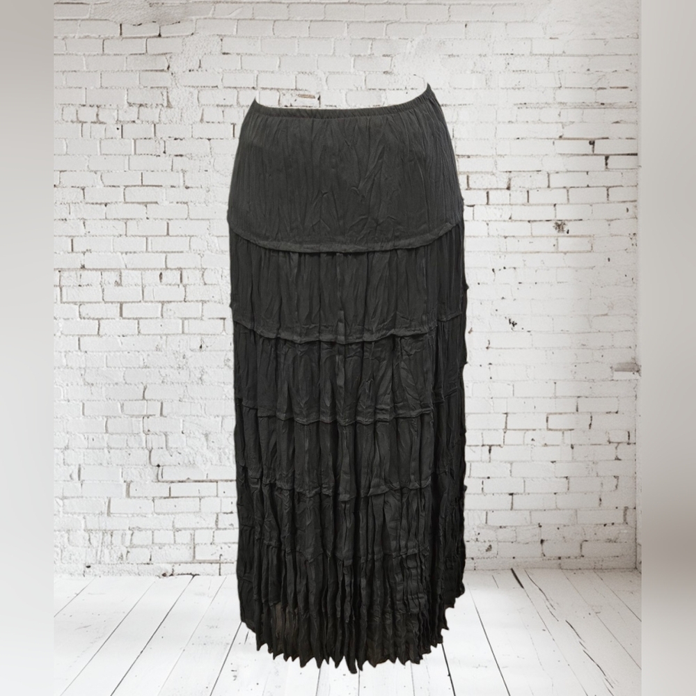 Vintage Rene Margo Women’s Black Wrinkled Chiffon Tiered Lined Boho Midi Skirt M